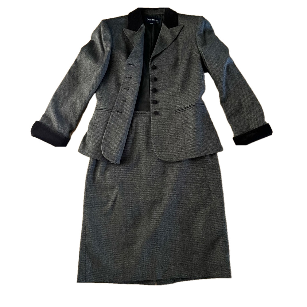 Evan-Picone brown suit, fitted 5-button blazer with straight midi skirt, size 6